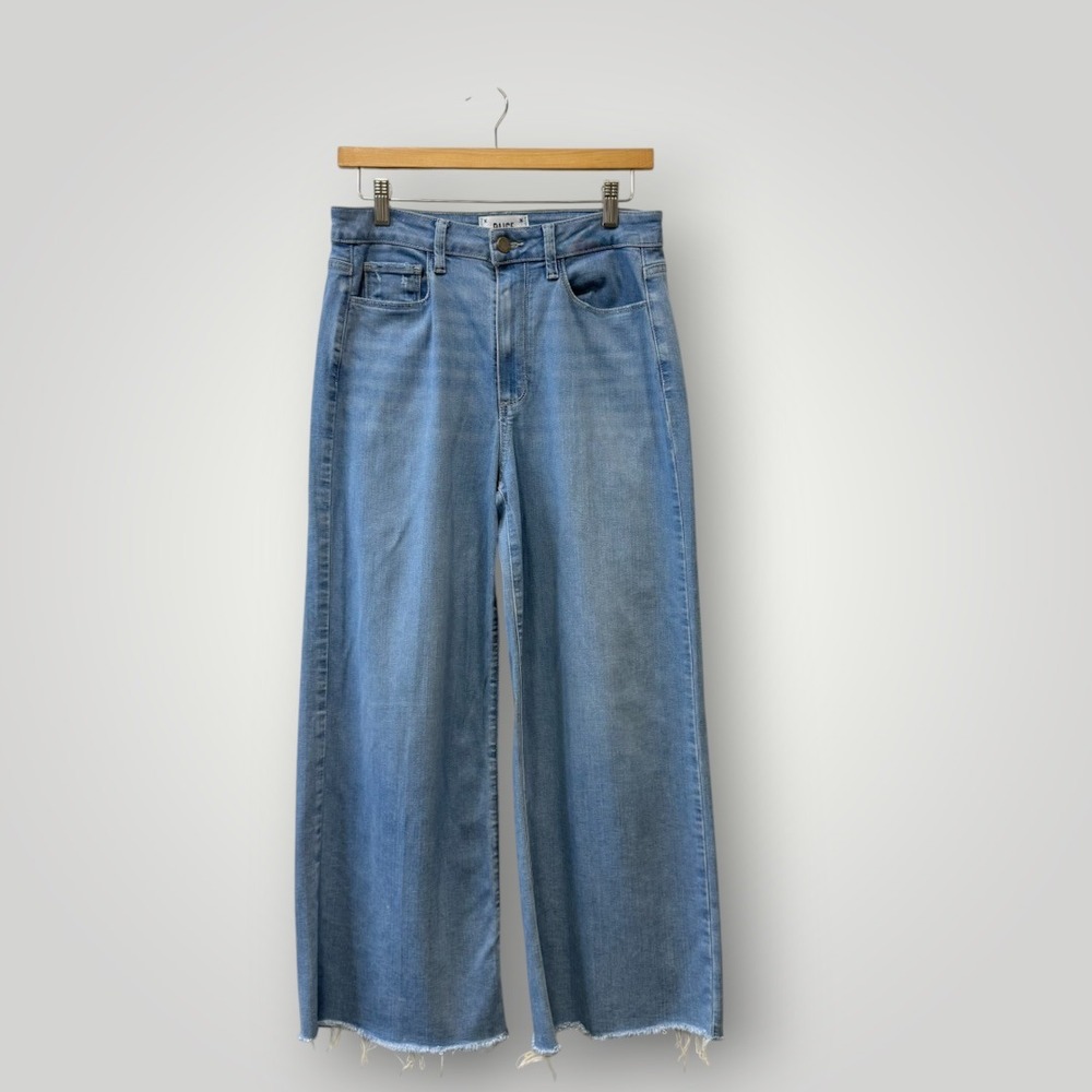 Paige Genesee Crop High Rise Wide Leg Jeans Light Blue Raw Hem Size 28
